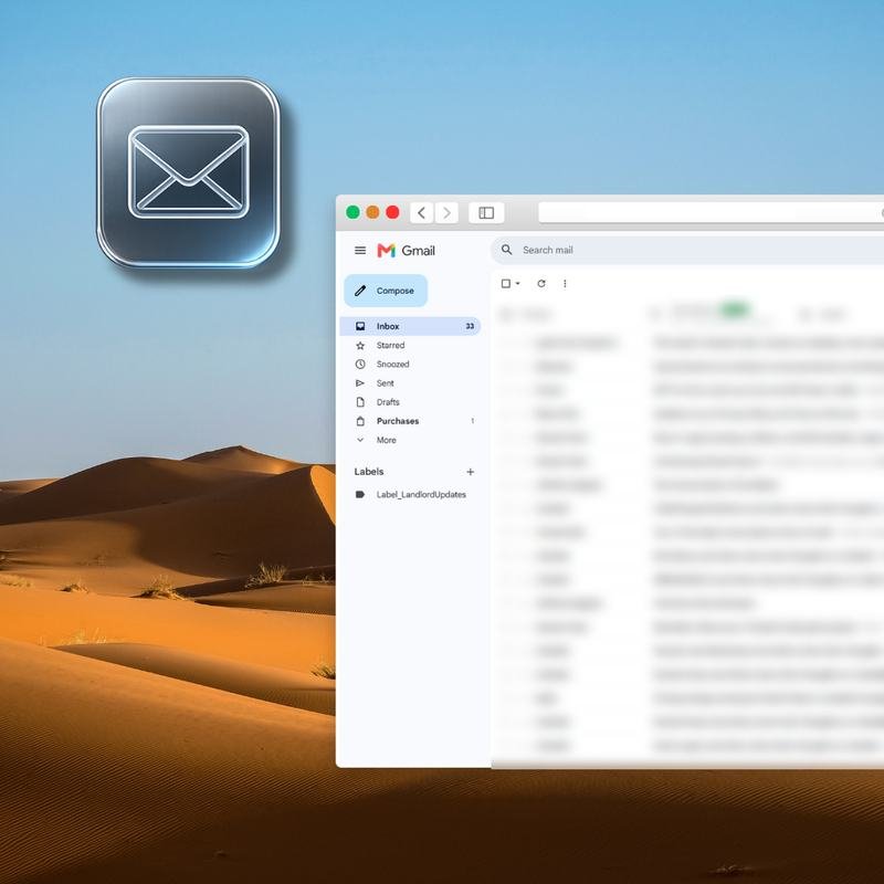 A desert dune at golden hour with an email inbox open over it