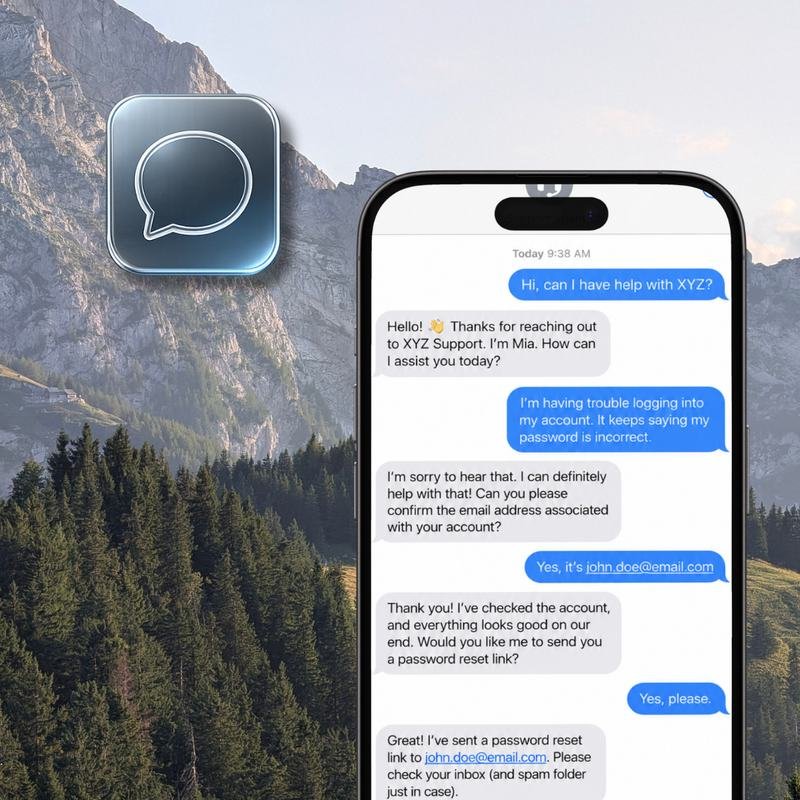 A mountain valley with a text conversation running over it