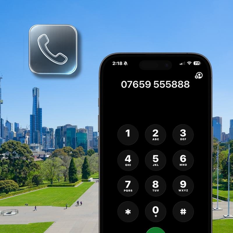 A city skyline with a phone dialling a new enquiry over it